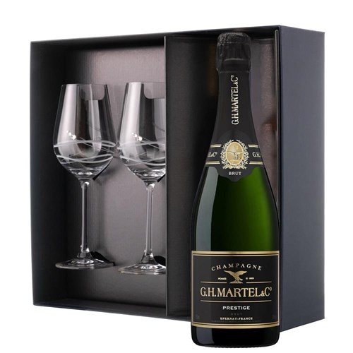 Martel Prestige Brut Champagne 75cl And Diamante Venezia Glasses Gift Box Set